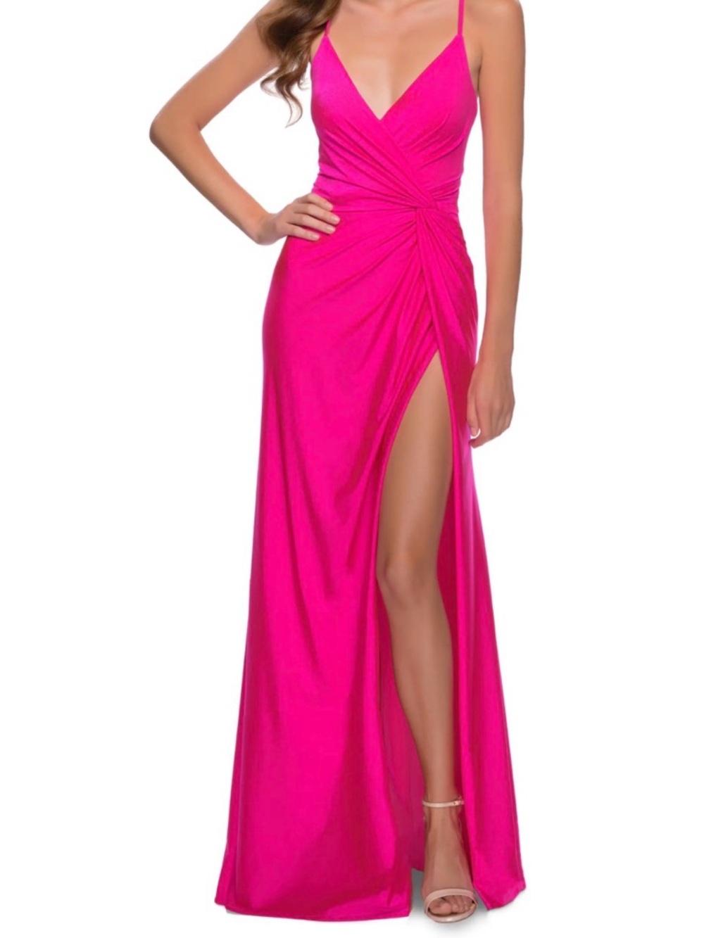 La Femme Hot Pink High Slit Prom Dress Ruched, Floor Length, Glam